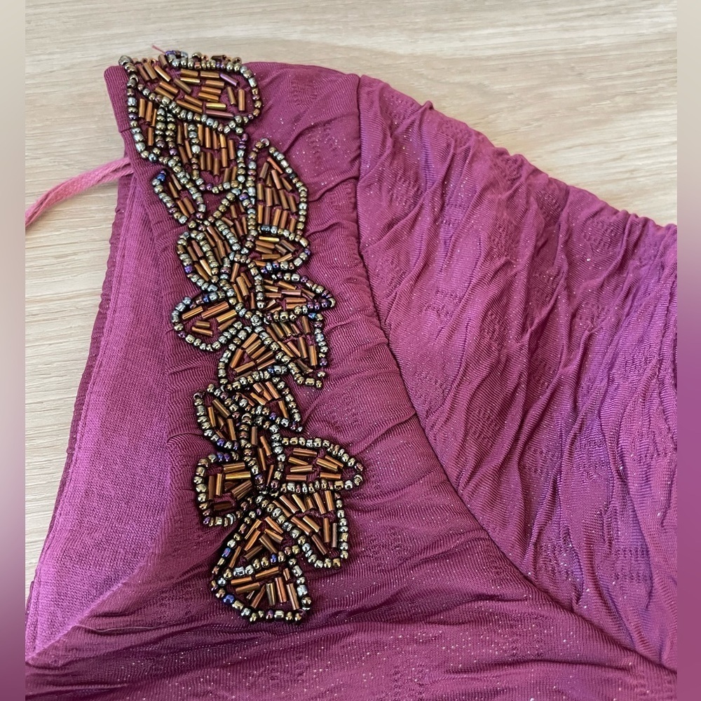 FREE PEOPLE Maroon Low Back Tight Dress with Beaded Embellishments. - Picture 7 of 13